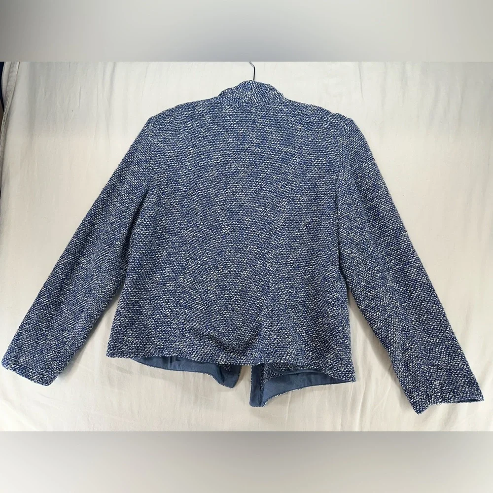 Talbots Blue Tweed Drape Open Front Blazer Classic Womens Size L Petite NEW - Picture 2 of 8